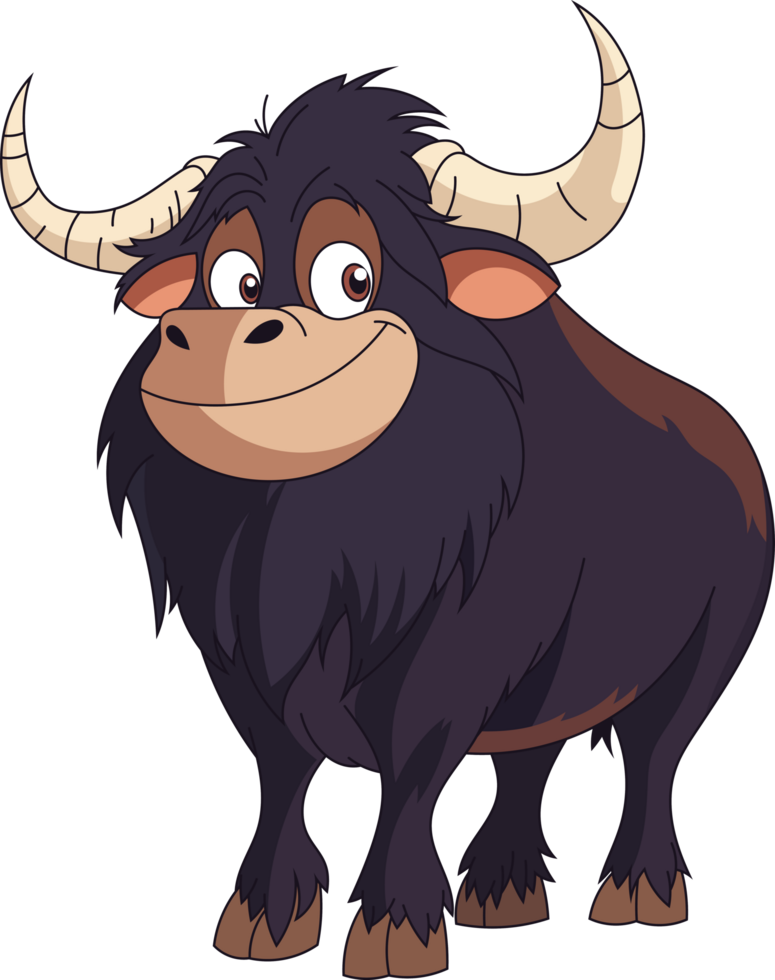 A cartoon bull stands with a soft smile, radiating calm and friendliness. Its sturdy build and gentle expression make it endearing. png