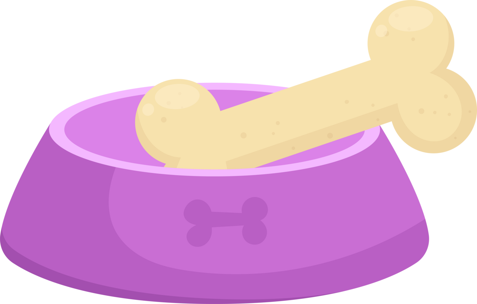 A cartoon dog bowl in purple with a bone on top, designed for a pet's enjoyment and healthy feeding. png