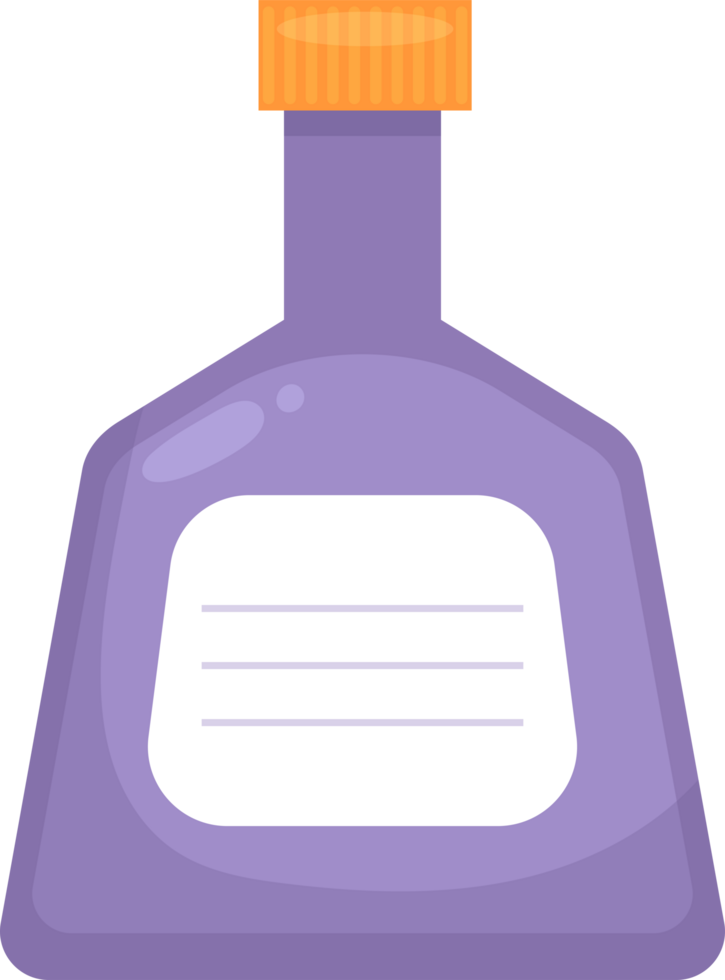 Lavender bottle with an orange cap and a white label with three lines for a name or a description. png