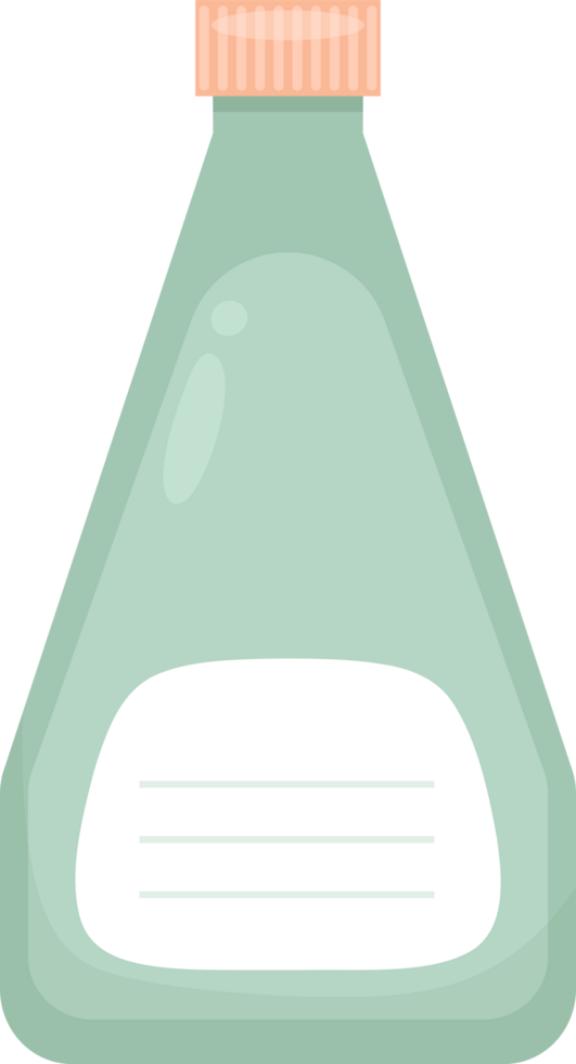 Stylized light green flask with a peach-colored cap and a white label on the front with three lines. png