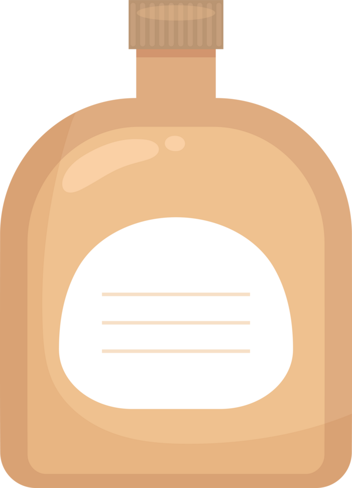 Amber bottle with a label, containing either medicine, cleaning product, or cosmetics. Flat design style. png