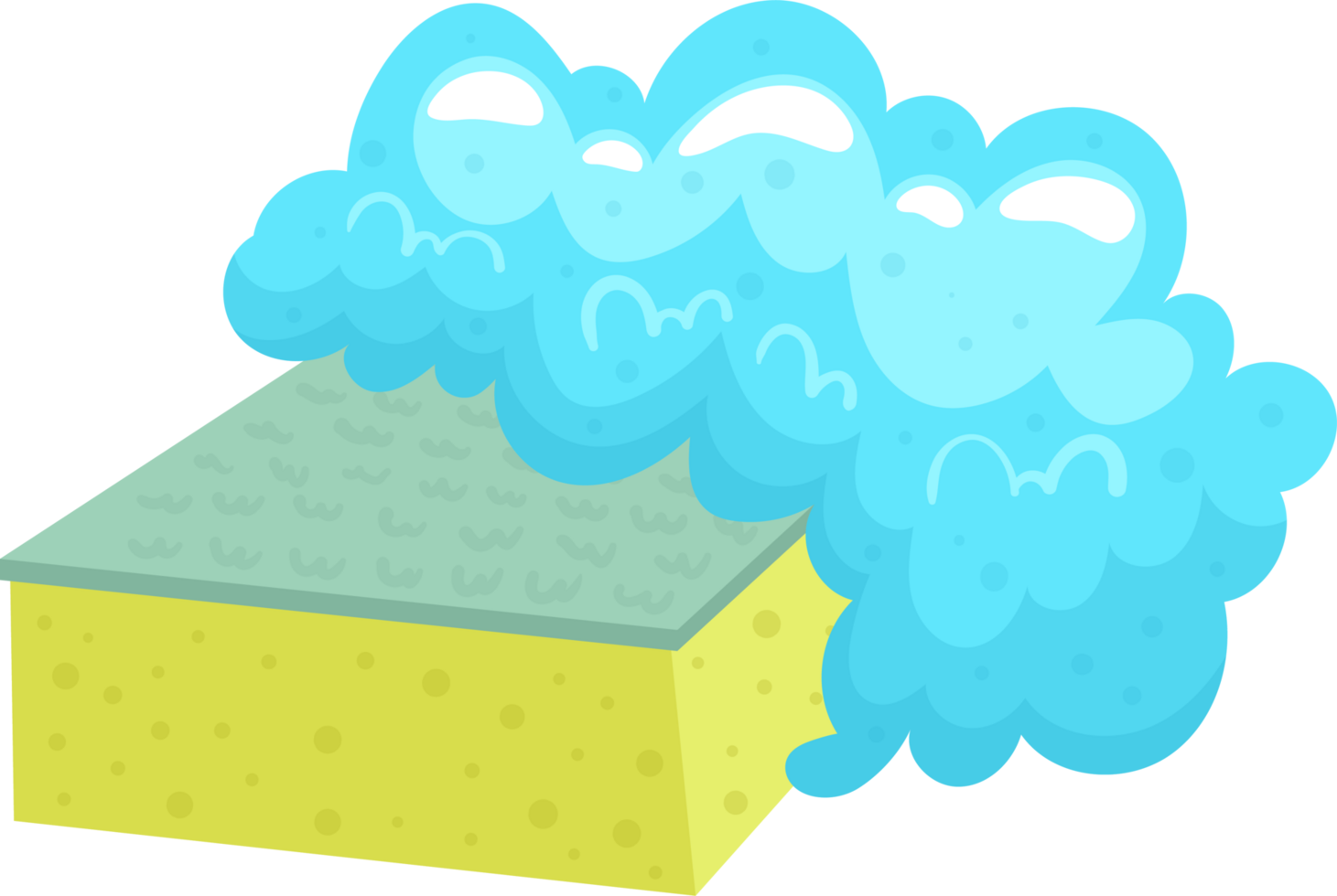 Yellow sponge overflowing with light blue cartoon style soap suds with white highlights for cleaning. png