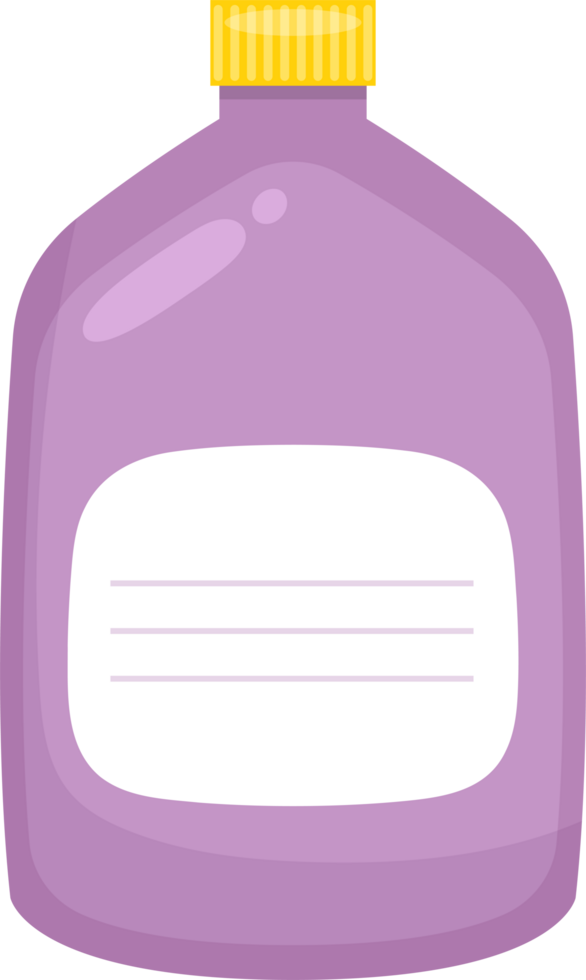 Lilac liquid in a bottle with a yellow cap and a white label with horizontal lines on the front. png