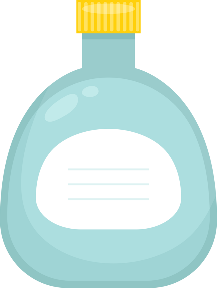 A stylized illustration of a light blue bottle with a yellow cap and a white label with space for text. png