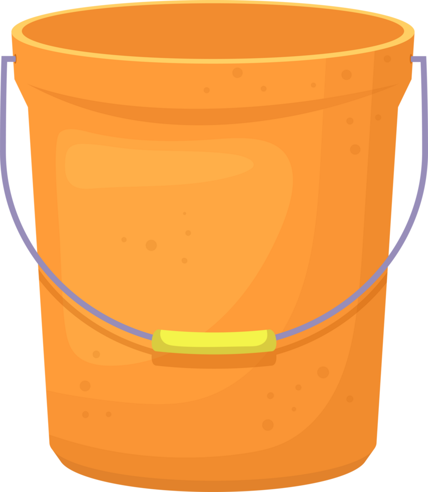 A vibrant, cartoon-style orange bucket with a handle, ready for cleaning, gardening, or creative play. png