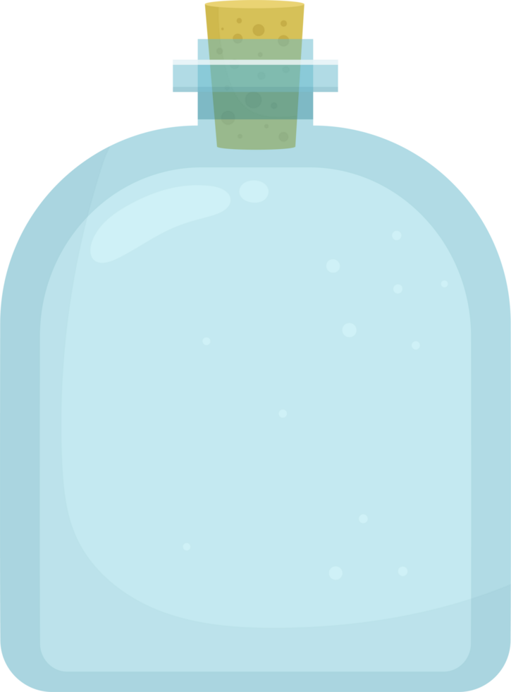 A rounded rectangular glass bottle filled with clear liquid and a tan cork stopper. Simple and inviting. png