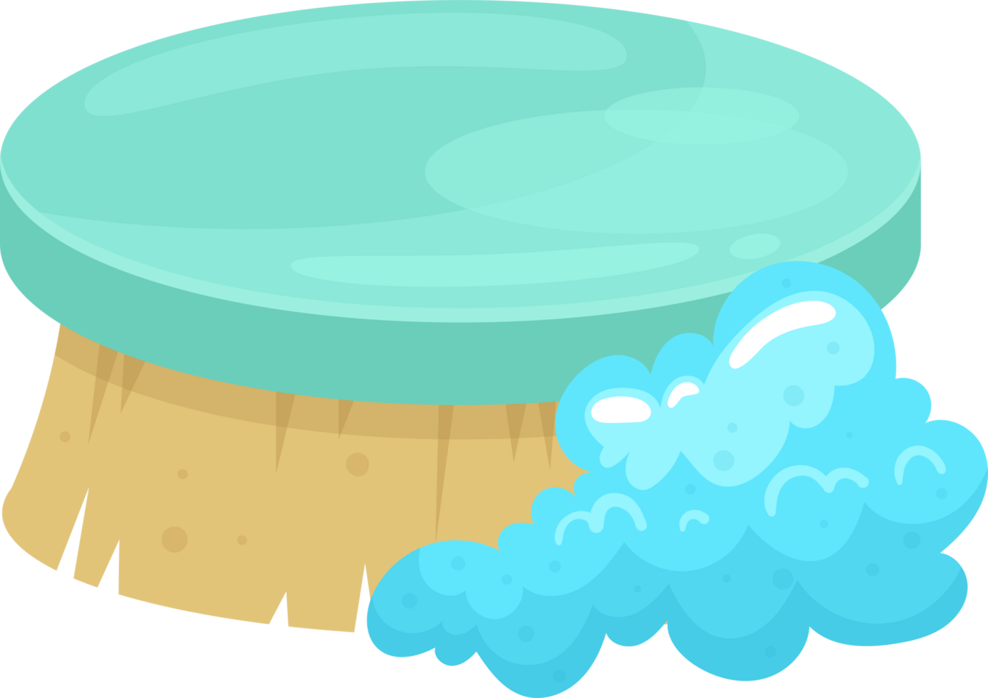 A light blue brush with tan bristles and a cloud of bubbles, ideal for cleaning and scrubbing tasks. png
