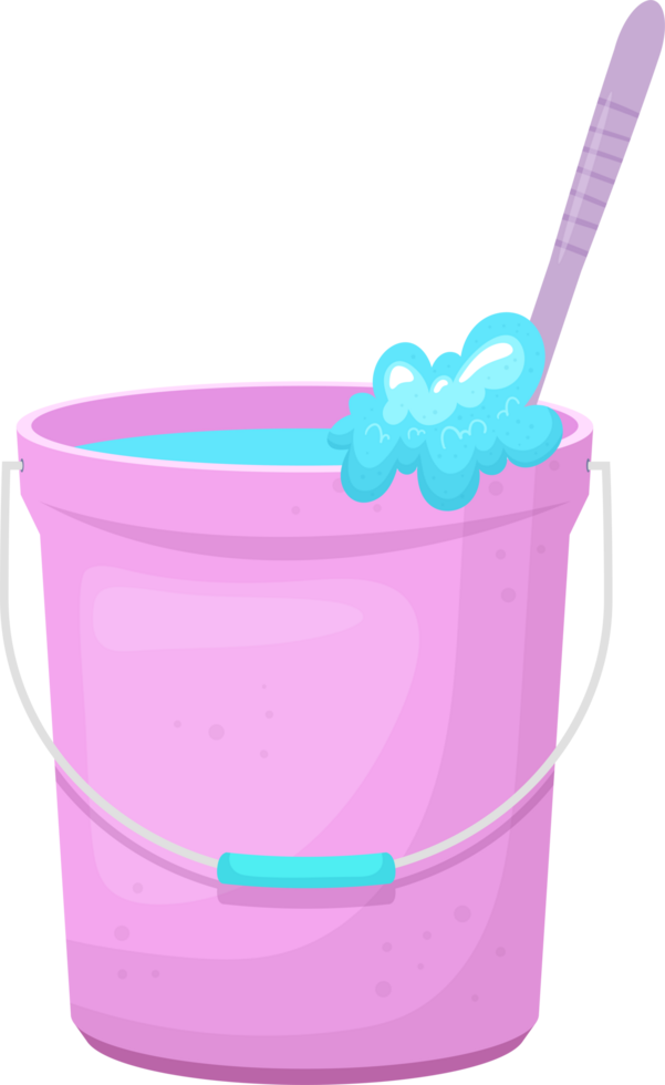 Cleaning equipment pink bucket with water and a purple handled scrubber, ready for household cleaning. png