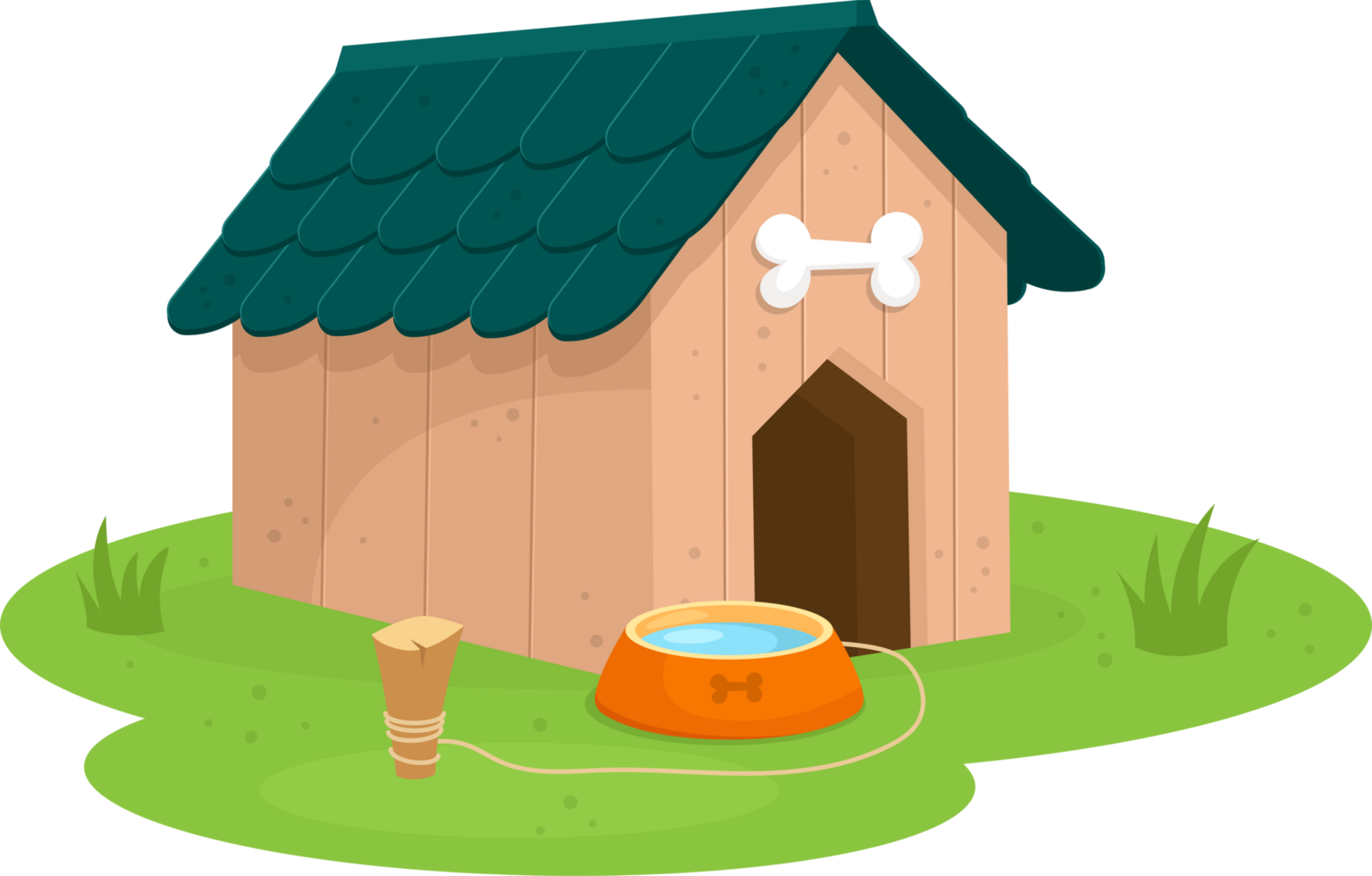 Illustration of a doghouse with a bone decoration, water bowl, and tether post on a grassy lawn. png