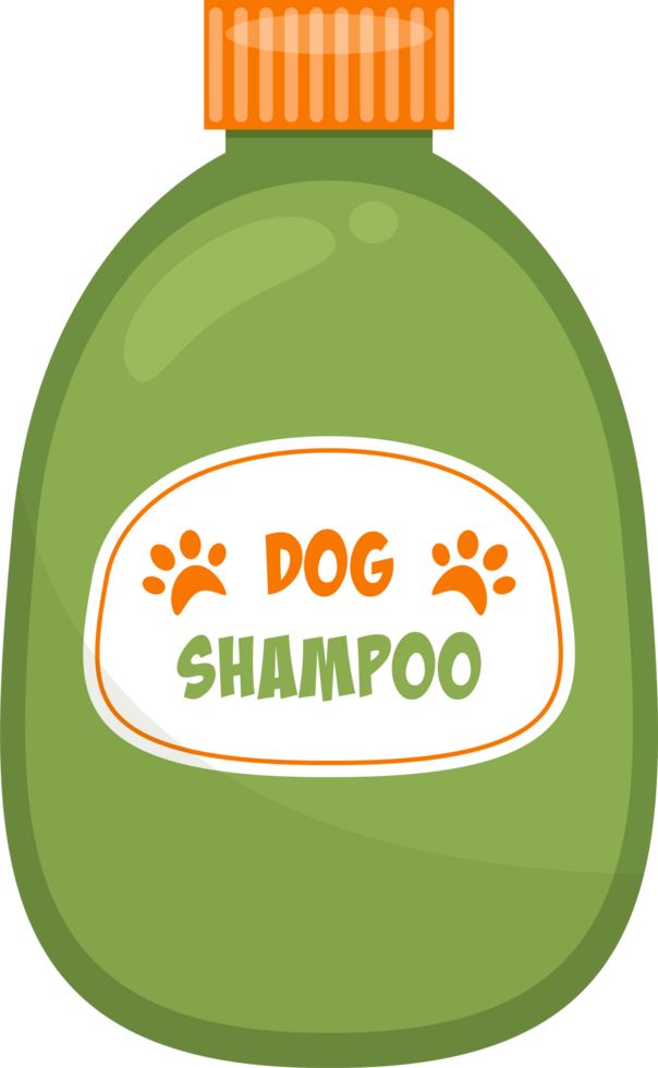 Cartoon-style, green bottle of shampoo for canines, with a orange cap and label with paw prints. png