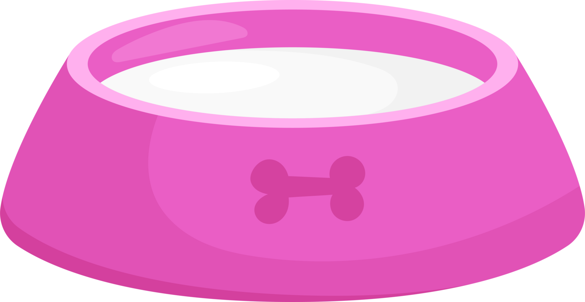A pink pet bowl is filled with white liquid, potentially milk or water, and a bone is etched into its side. png