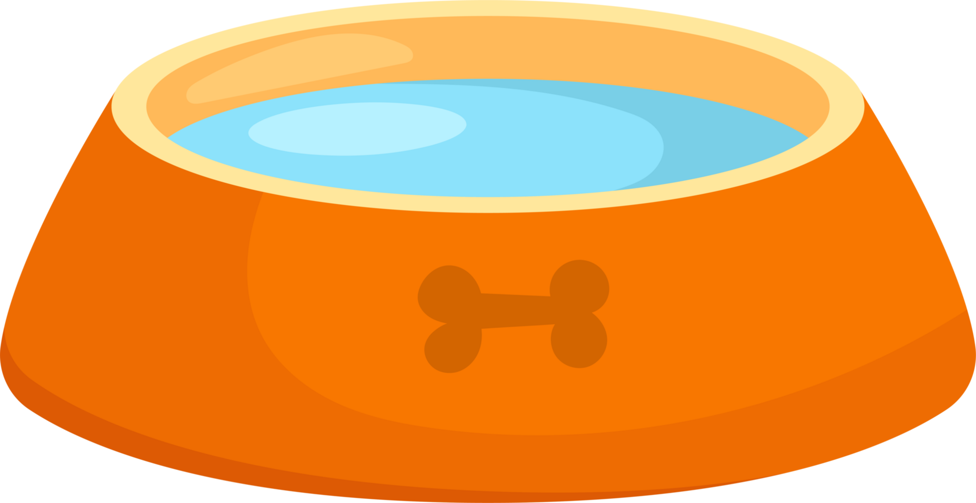 Cartoon drawing of an orange pet bowl filled with fresh, clean water with a bone design on the side. png