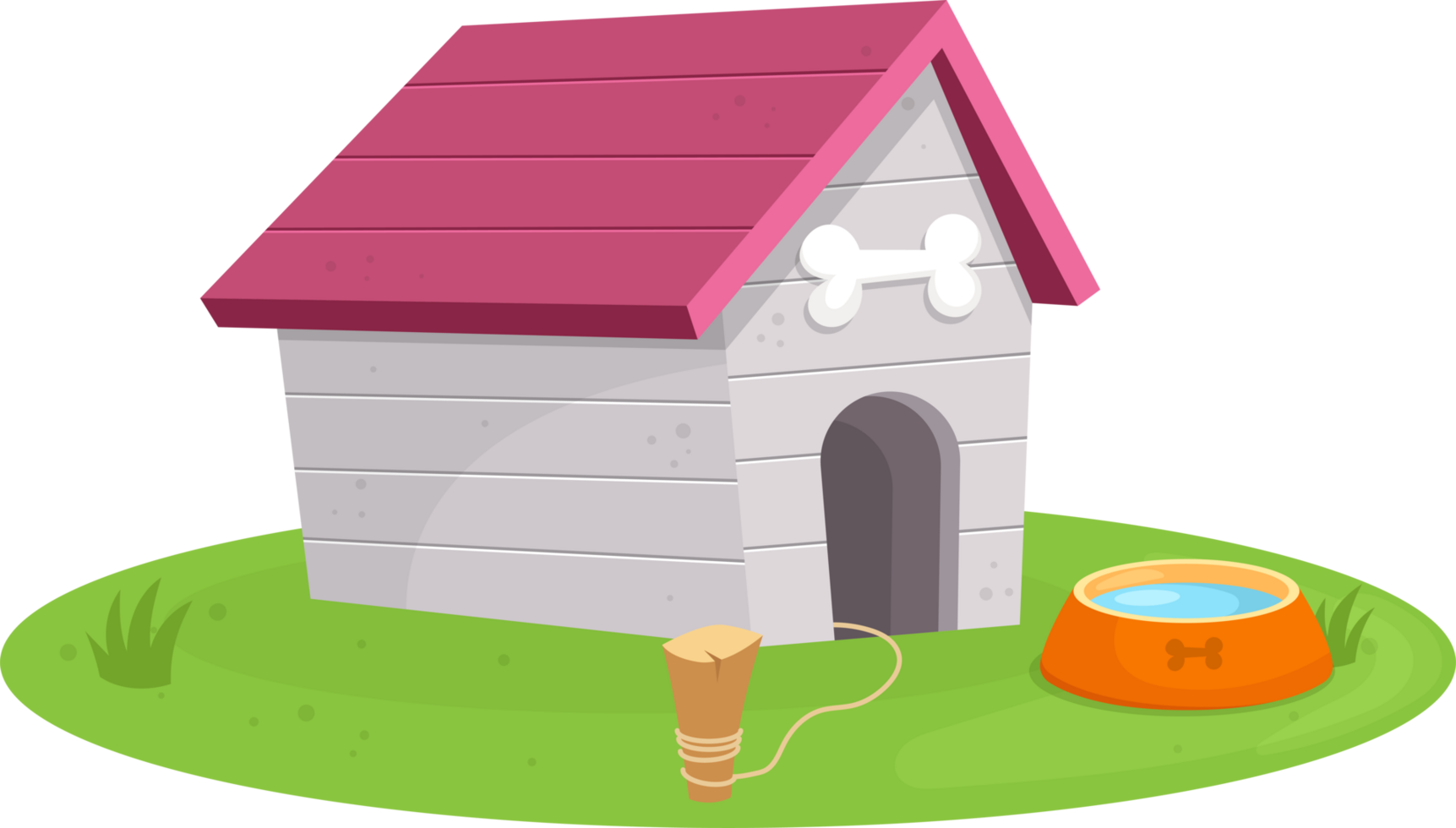 Whimsical dog house, complete with water bowl and chew toy, sits on a patch of green grass. png