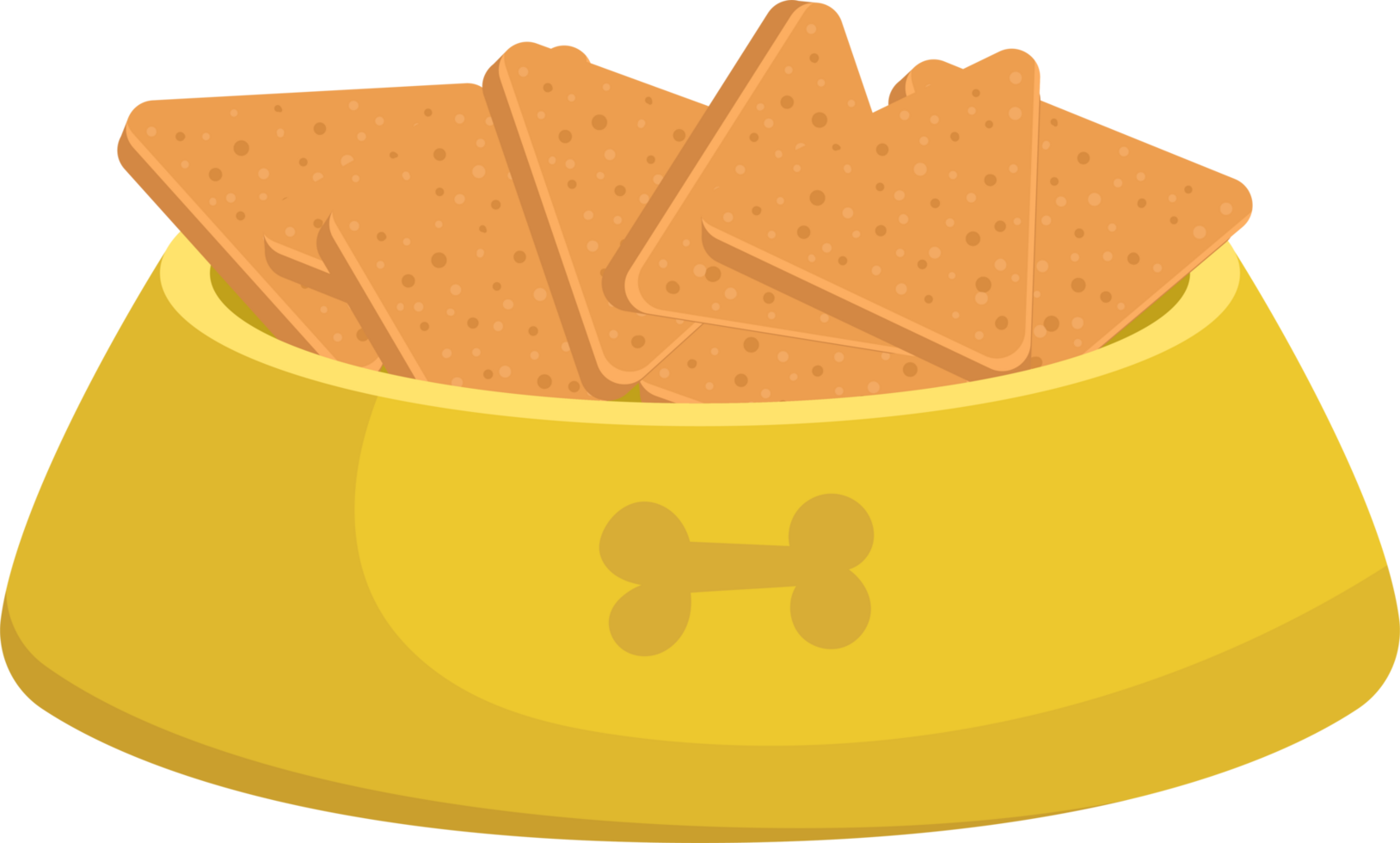 Illustration of triangular treats overflowing from a yellow bowl with a bone design on the front. png