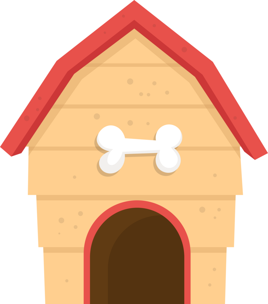 A cartoon dog house, painted tan with a red roof and a white bone graphic over a dark brown doorway. png