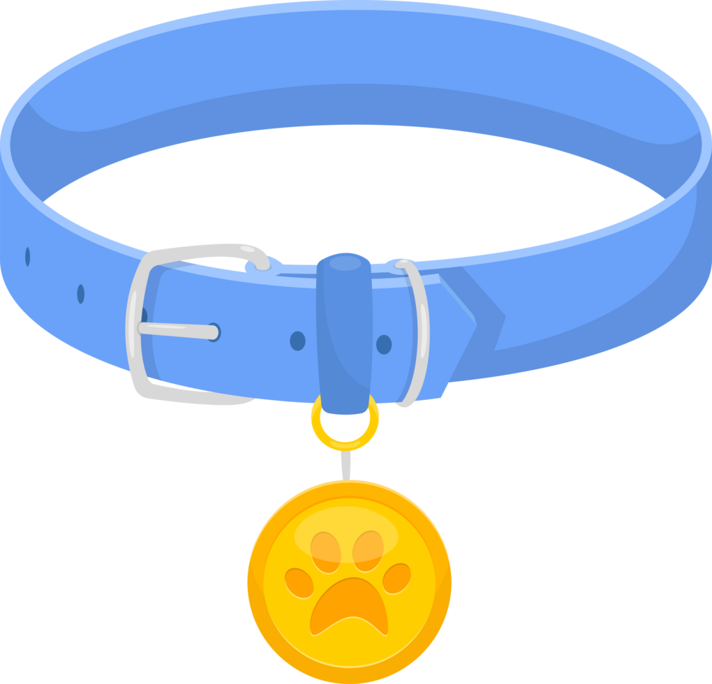 Blue pet collar with a gold paw print tag, an accessory for animal identification and decoration. png