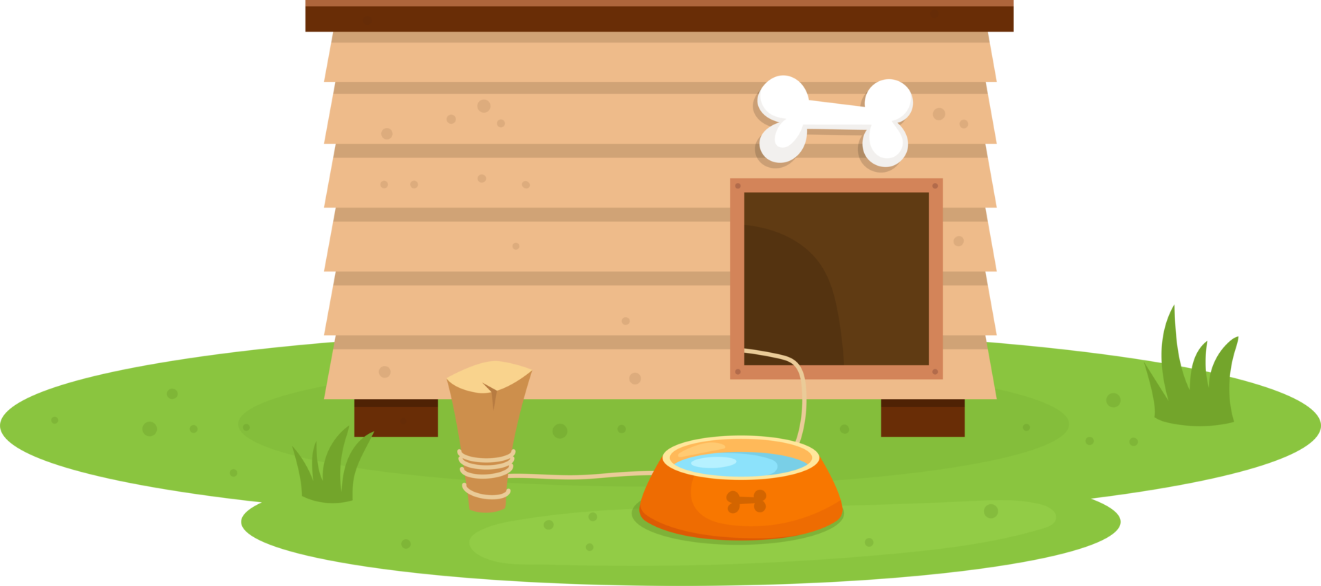 Cartoon dog house with water bowl and bone decoration on a green lawn background with a water fountain. png