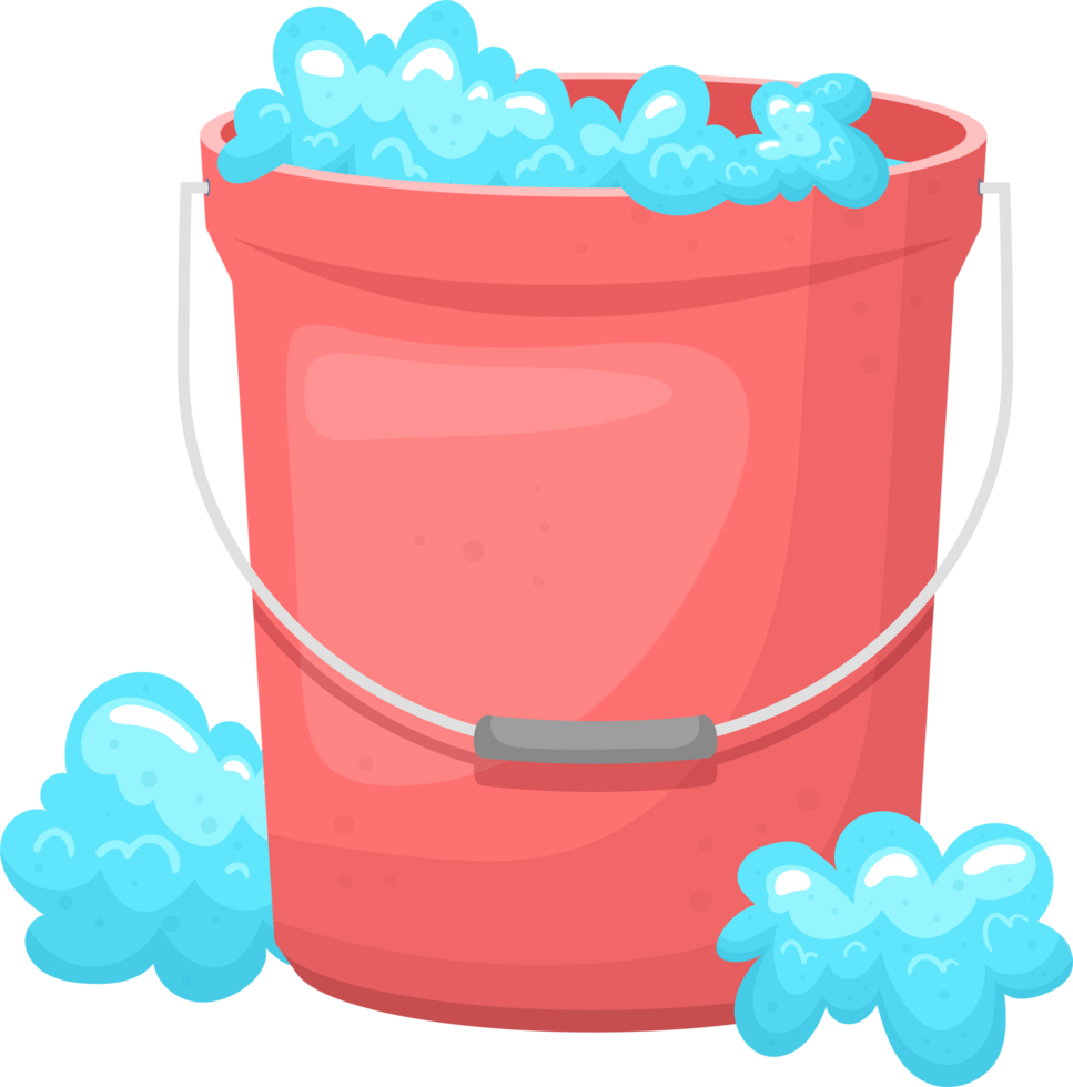 A red cartoon bucket brimming with suds, foam spilling over and around. Cleaning time is here png
