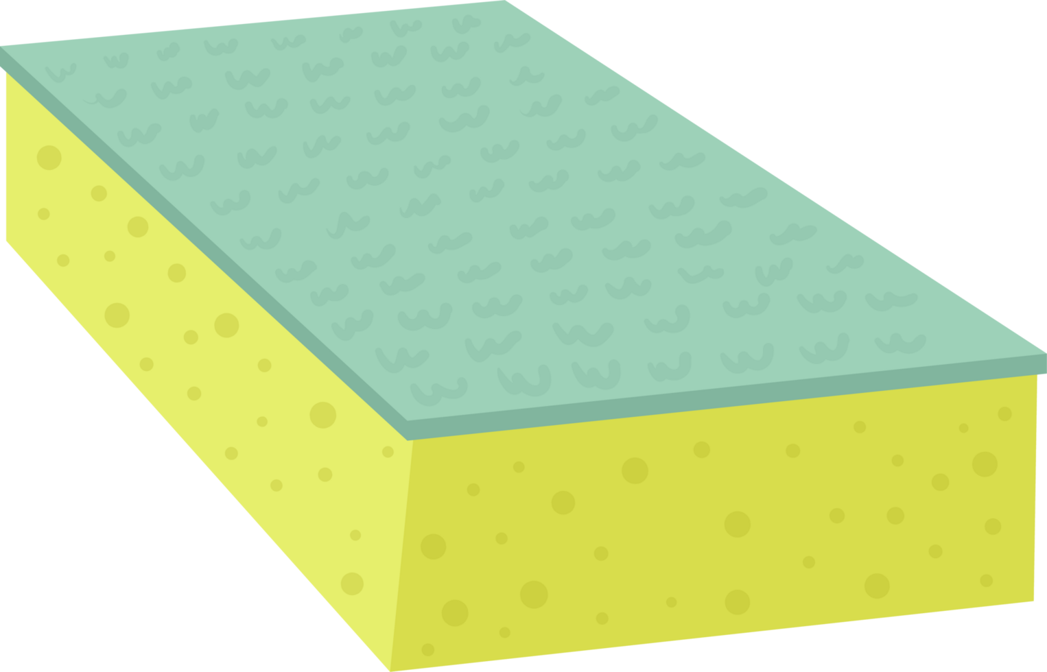 Two-toned rectangular cleaning sponge with a porous yellow body and a slightly textured green scrubbing side. png