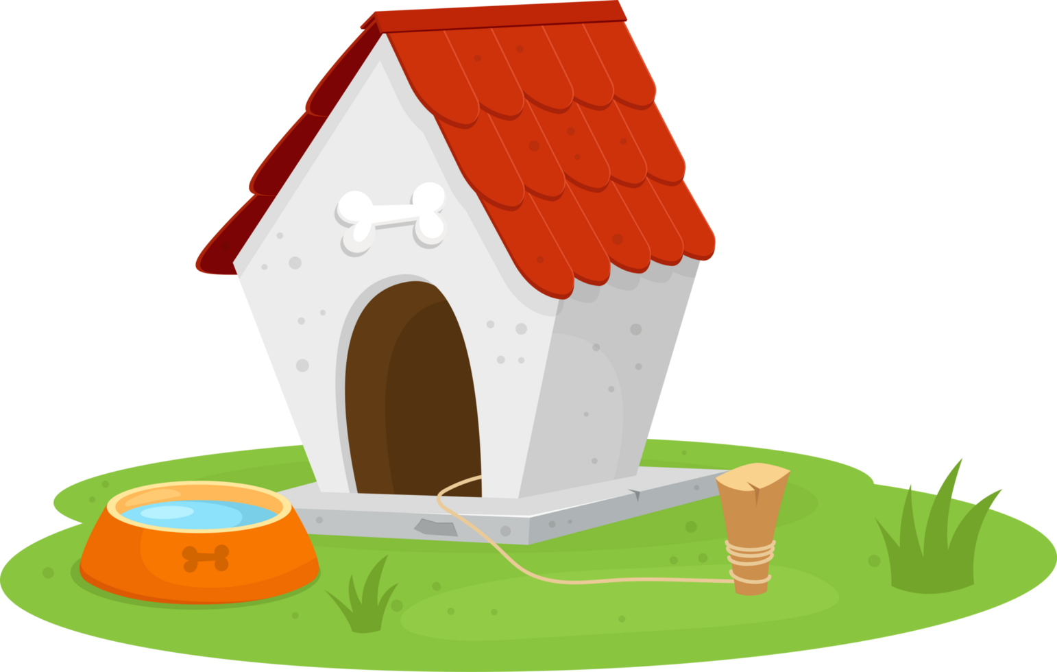 Cartoon doghouse on green grass with bone emblem, water bowl, and tethering stake. Perfect for pets. png
