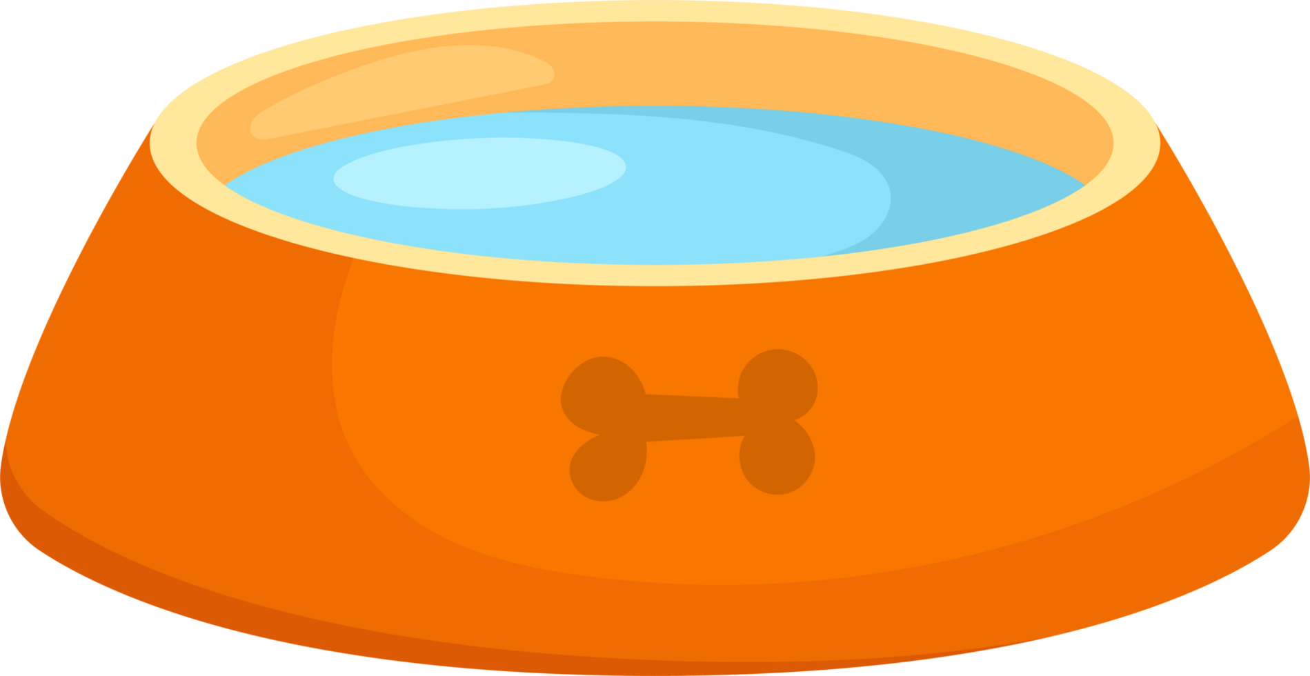 Cartoon drawing of an orange pet water bowl with a bone emblem filled with clear blue drinking water. png