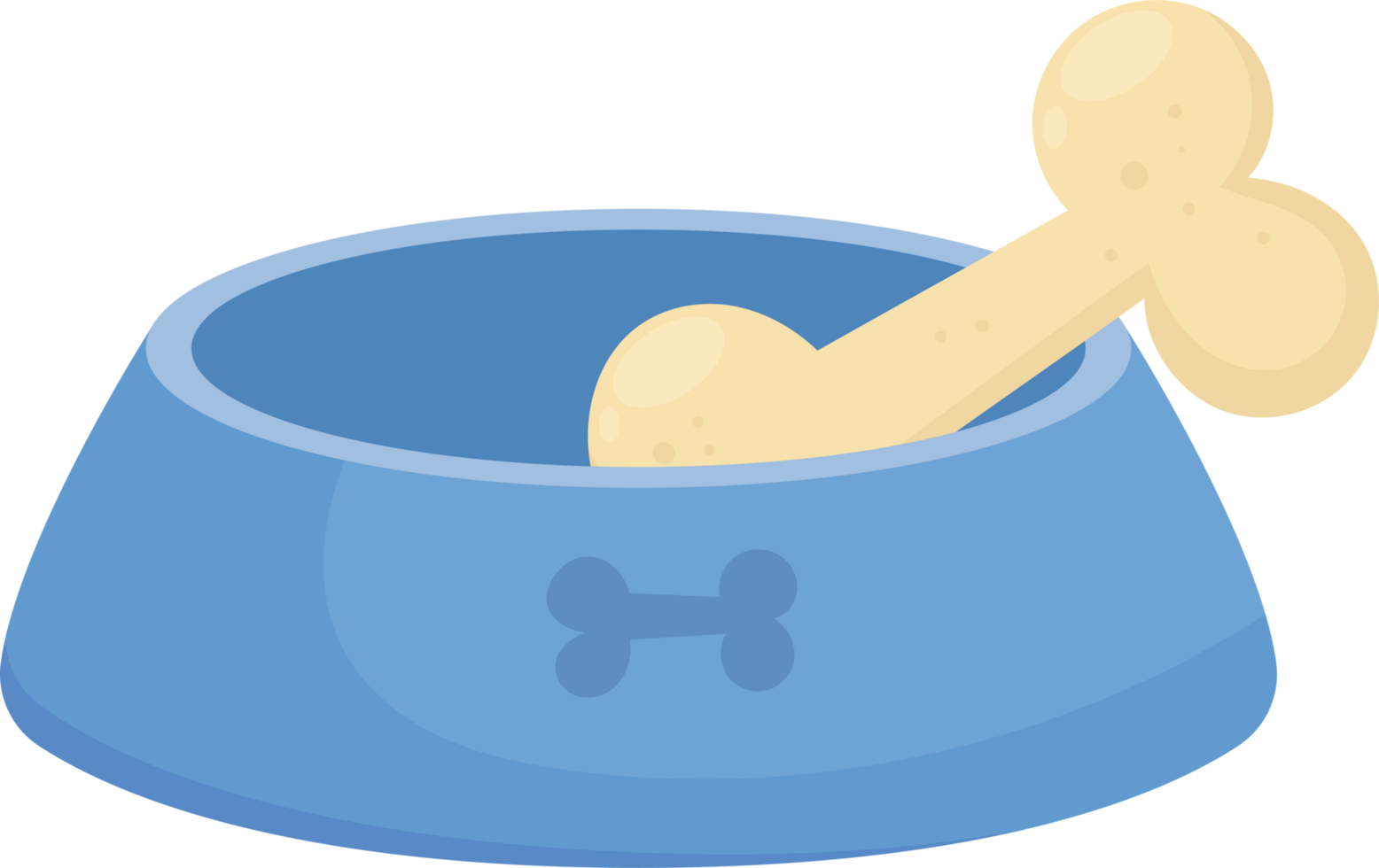 A blue pet bowl holds a yummy looking, tan bone snack. The bowl has a bone emblem on the front. png