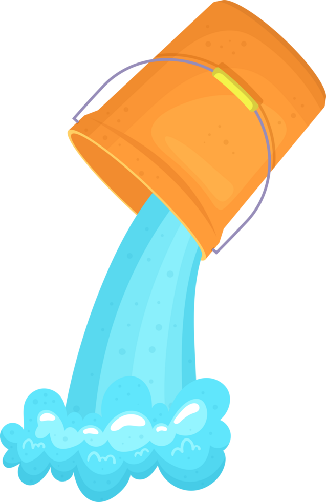 Orange bucket pouring water with handle visible, creating ripples in the resulting splash. Isolated graphic. png