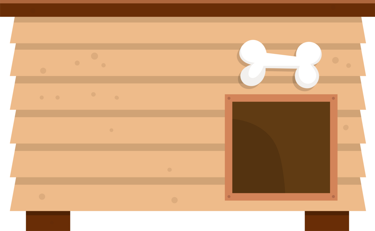 Whimsical illustration of a wooden doghouse with a bone decoration and inviting dark entrance. Cute, simple design. png