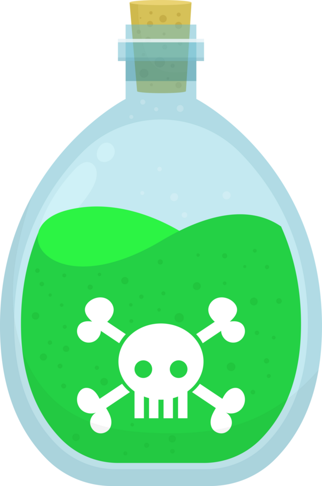 A cartoon vial filled with bright green liquid, sealed with a cork, has a skull and crossbones symbol. png