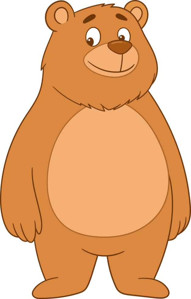 A friendly, cartoon-style bear with a warm smile stands upright, its brown fur soft and inviting, casting a playful, whimsical presence. png