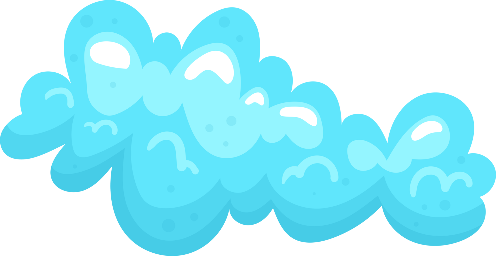 Whimsical cyan blue cloud with bubbly texture and bright white highlights, a cartoon-like design. png