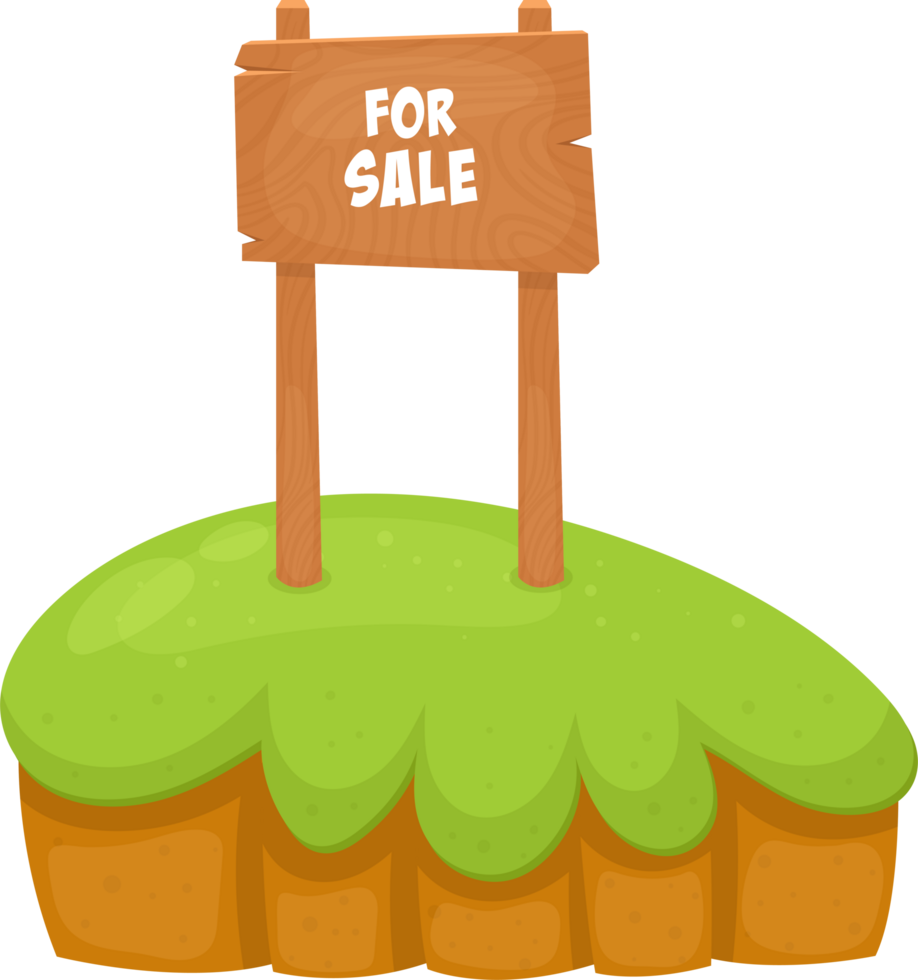Cartoon wooden sign labeled 'For Sale' stands on a grassy patch, concept of property exchange or business. png