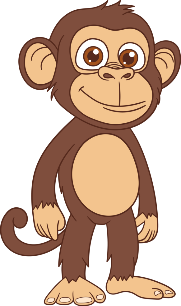 A cute, cartoon-style monkey stands smiling with his arms at his sides. He has light brown fur and is friendly looking. The monkey's eyes twinkle. png