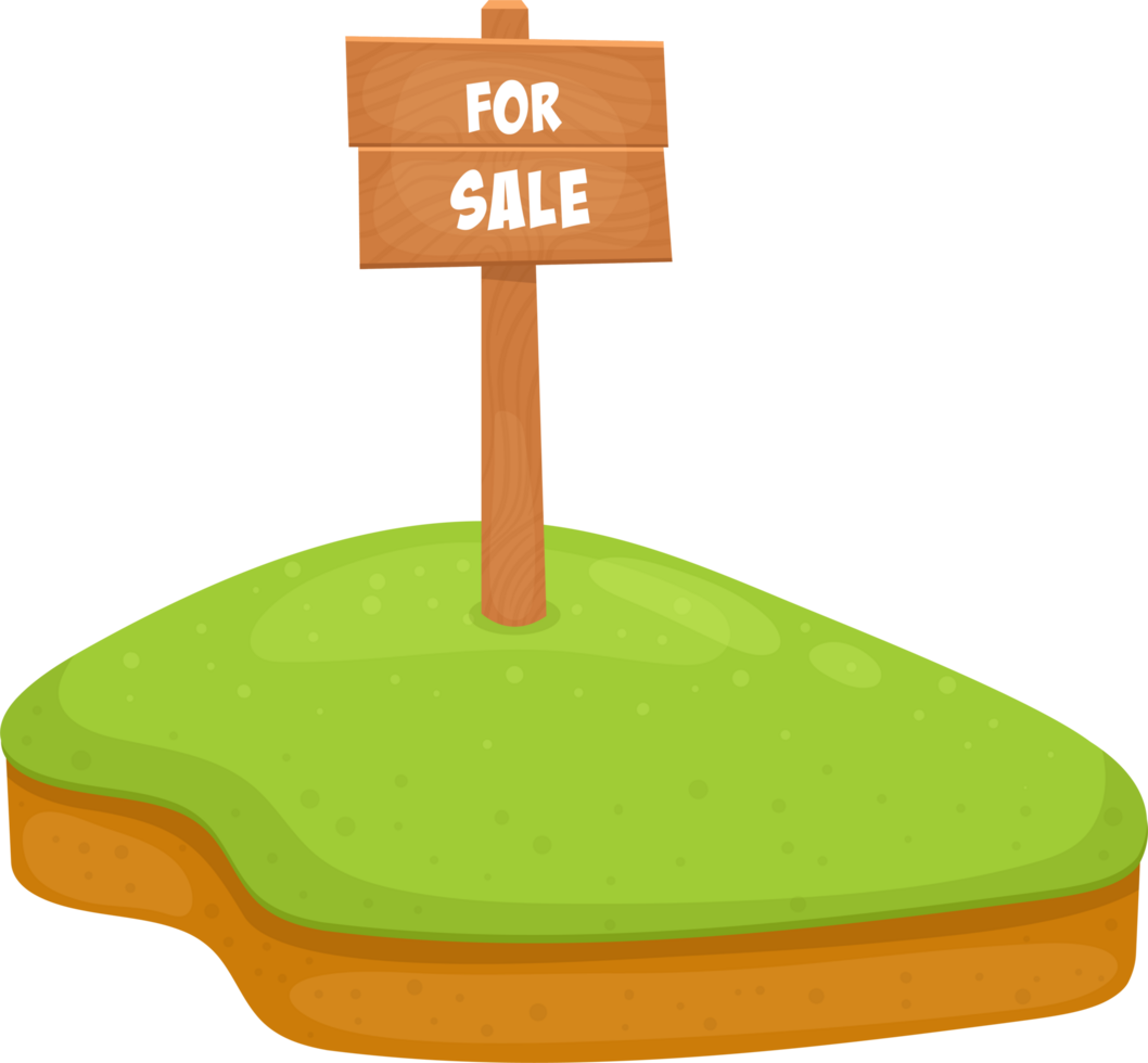 Cartoonish island for sale with a wooden sign indicating its availability. Cute, simple and eye-catching png