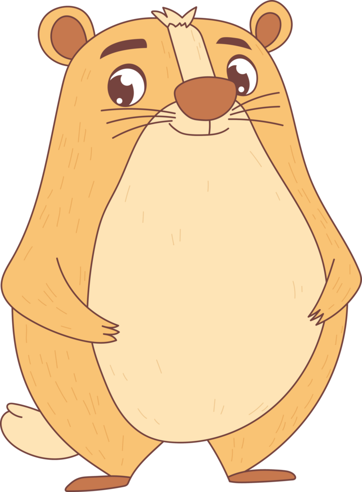 Cartoon portrayal of a stout, cheerful groundhog standing with its front paws tucked towards its belly. The illustration has a clean aesthetic. png