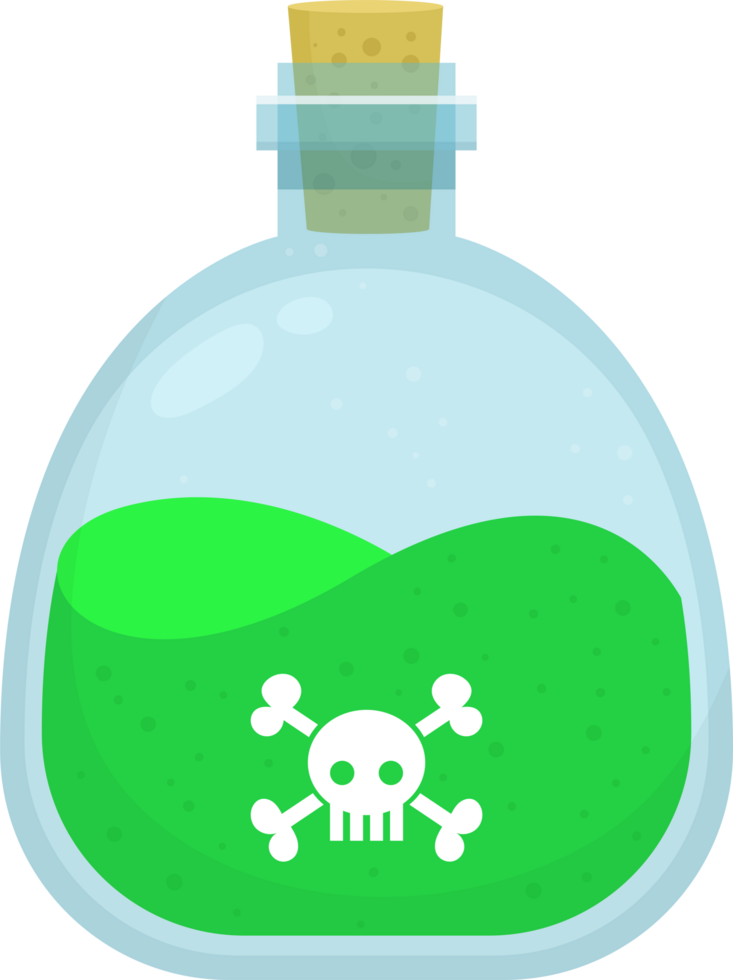 Green poison vial with skull and crossbones, sealed with cork, symbol of danger and toxicity. png