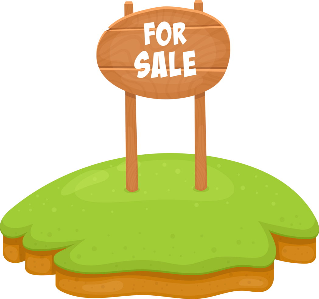 Cartoon illustration of a property for sale, featuring a grassy hill and a wooden sign. png