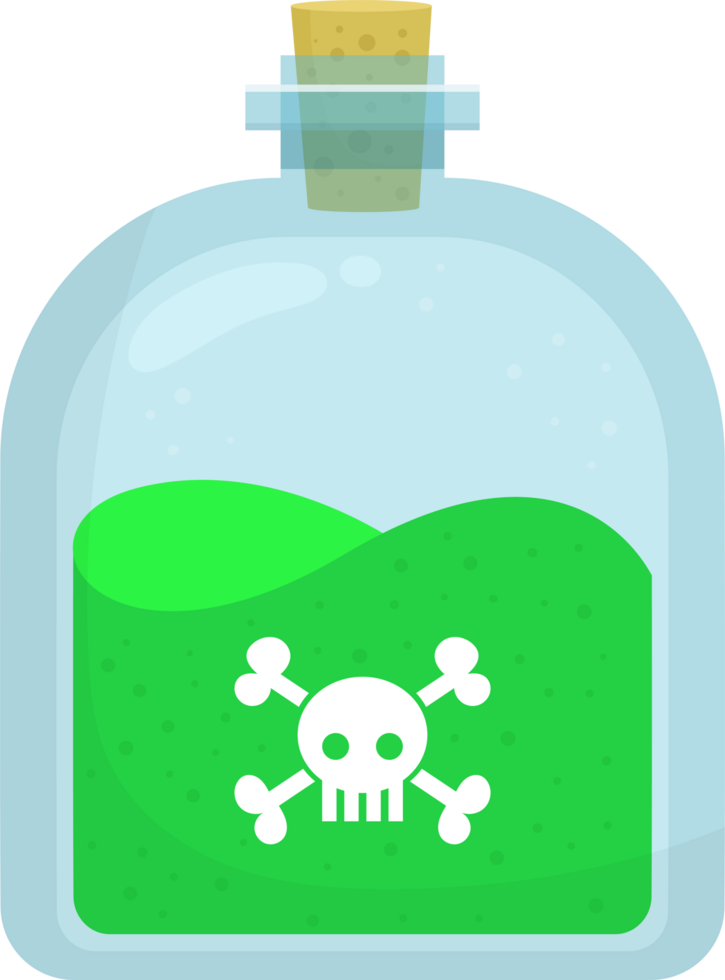 Glass bottle containing bubbling green liquid, featuring the skull and crossbones symbol of danger. png