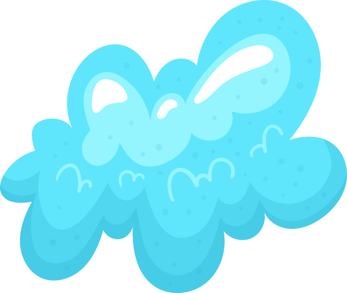 Stylized light blue cartoon cloud with fluffy shape, with white highlights on a transparent background. png