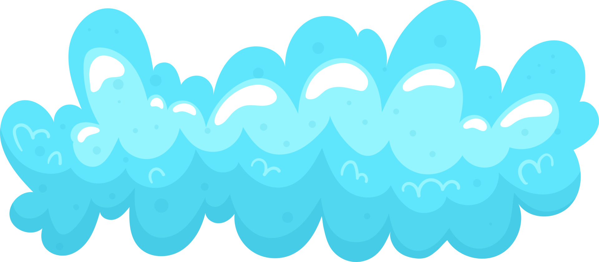 A cartoonish illustration of a light blue cloud formation with white highlights on a transparent background. png