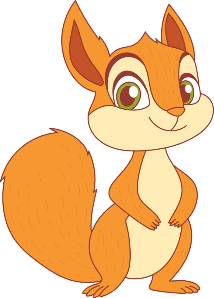 A charming cartoon squirrel with a fluffy tail, big green eyes, and a sweet smile, rendered in warm orange and beige tones. Simple animation. png