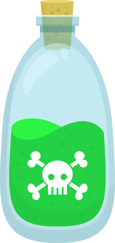 Glass bottle filled with bright green liquid and labeled with a skull and crossbones caution sign. png
