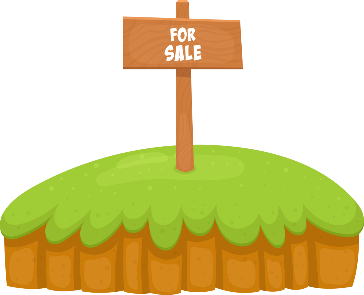 A grassy knoll with a wooden sign displaying the message FOR SALE, indicating property availability. png