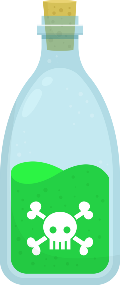 Cartoon potion bottle with green liquid and skull and crossbones icon, sealed with a cork stopper. png