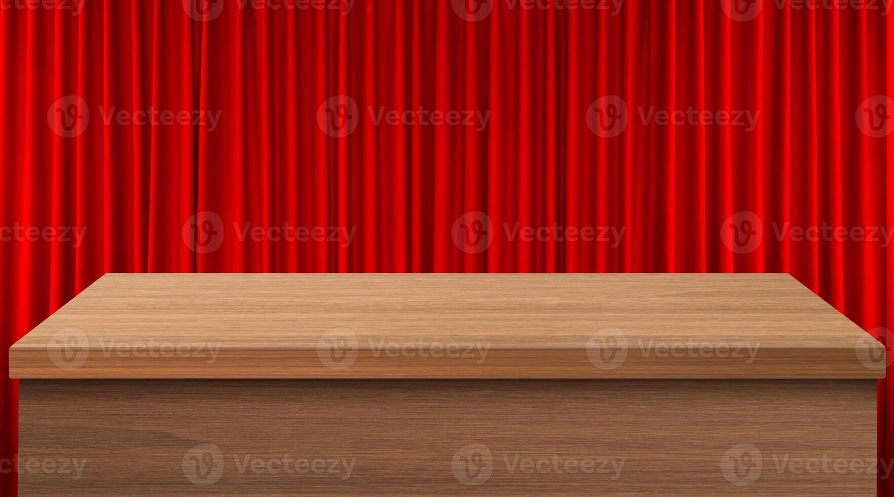 An empty wooden table with bright red curtains as a background. photo