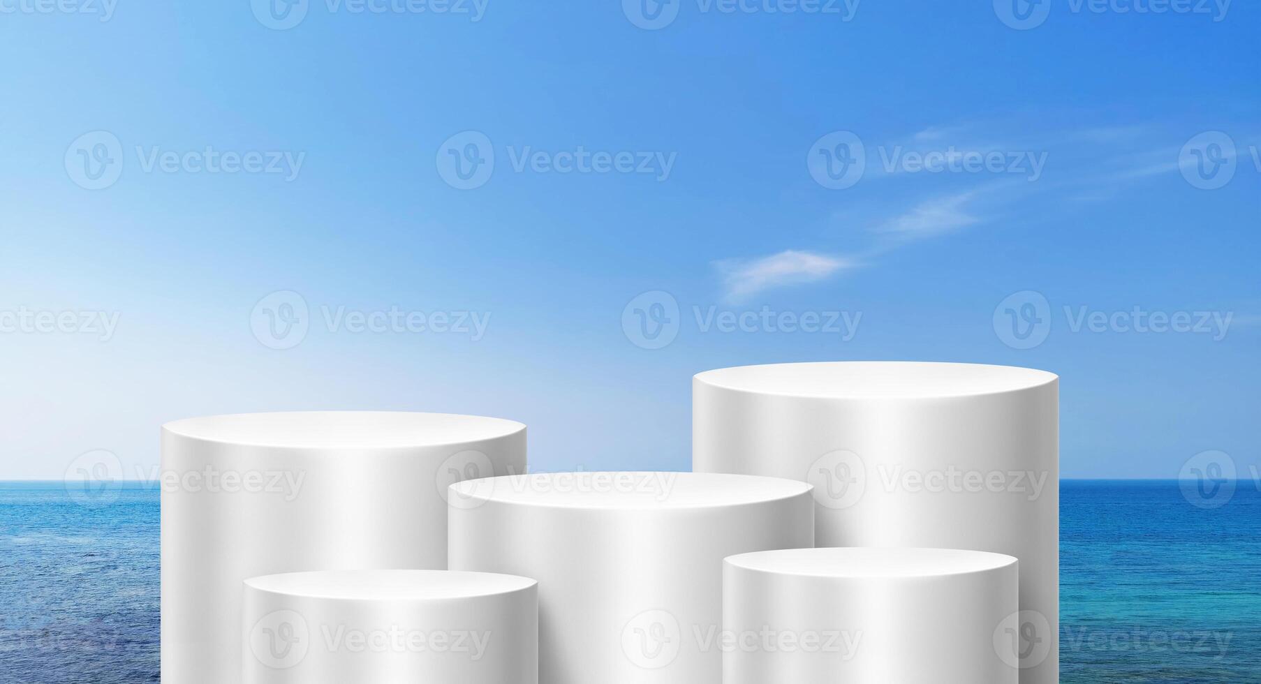 White shelves for displaying products, with the background being the sea and sky. photo
