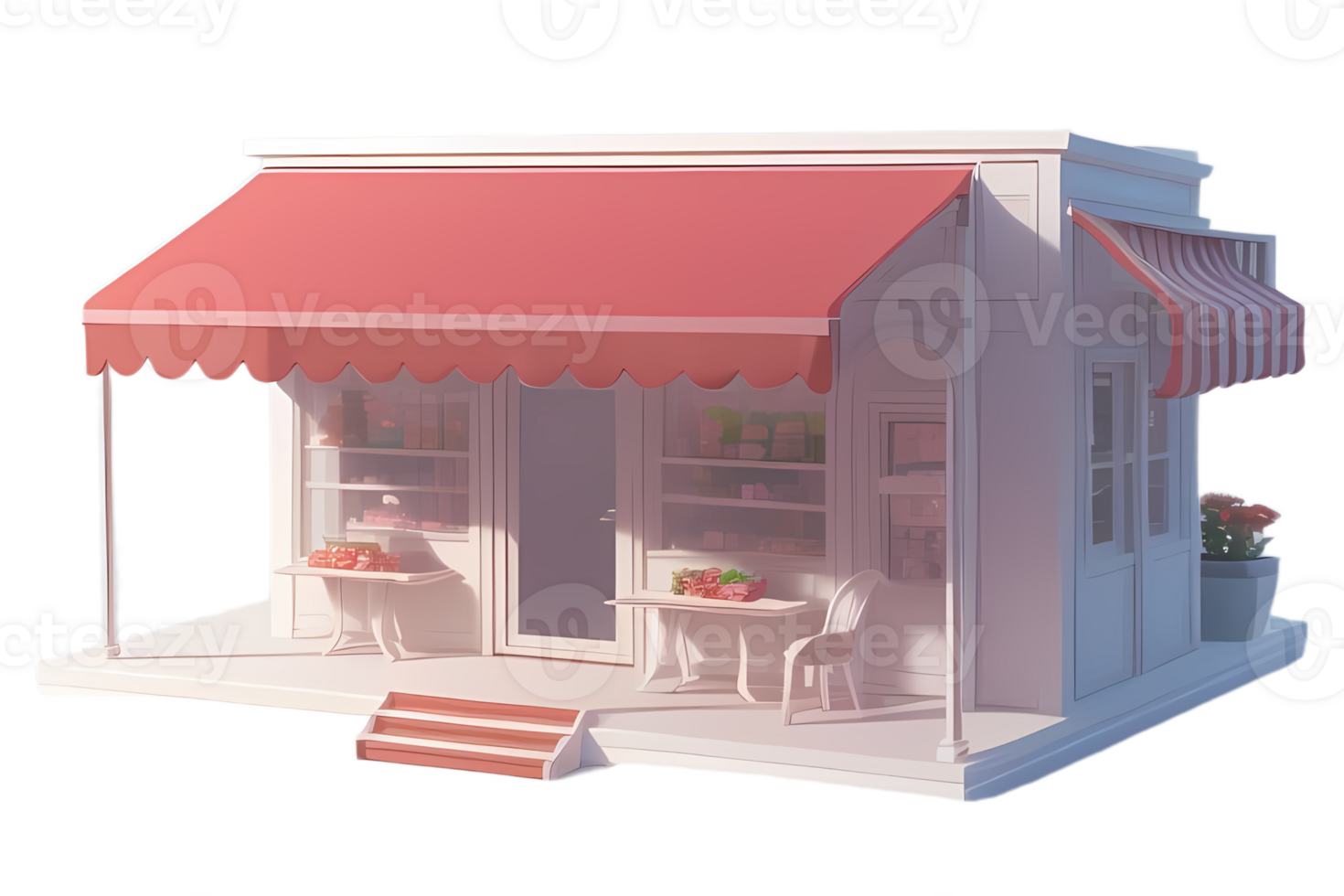 A small white building with a pink awning png