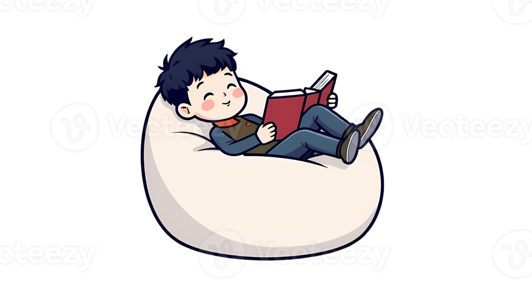 A boy reading a book in a bean bag chair png