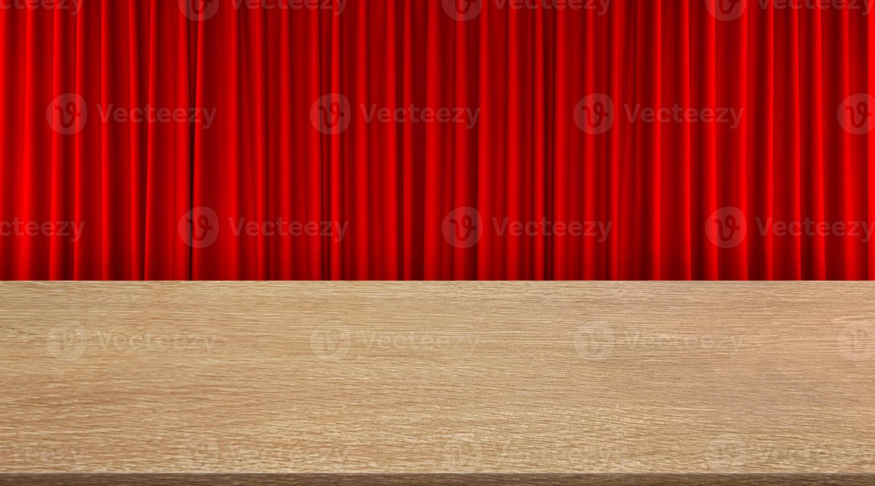 A beautiful empty wooden table with a red curtain as a background. photo