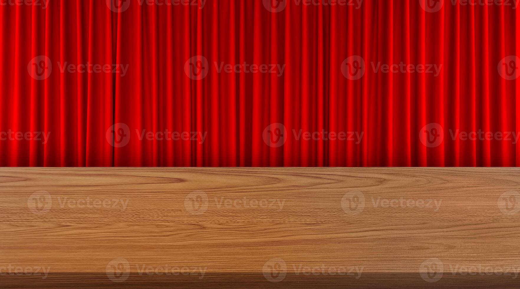 A simple and beautiful wooden table with a red curtain as a background. photo